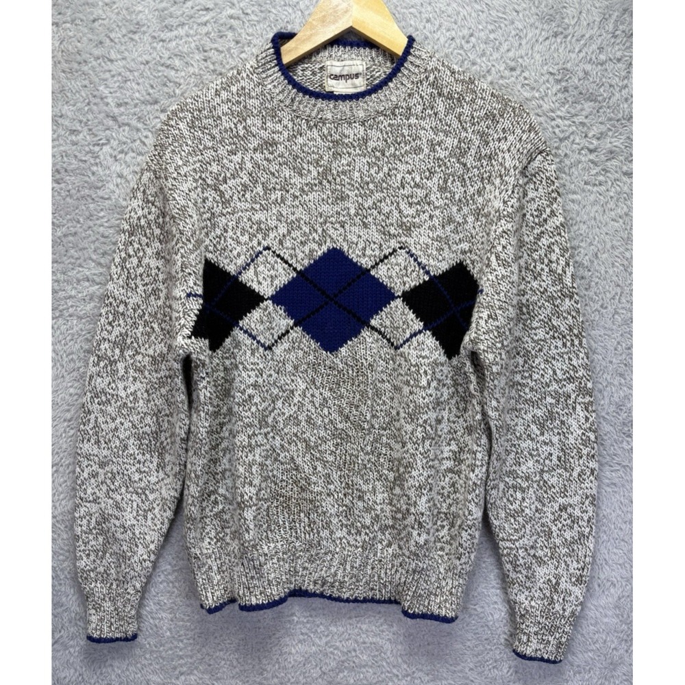 VTG 90s Campus Mens L Wool Blend Argyle Diamond Knit Sweater Crew Neck Hong Kong
